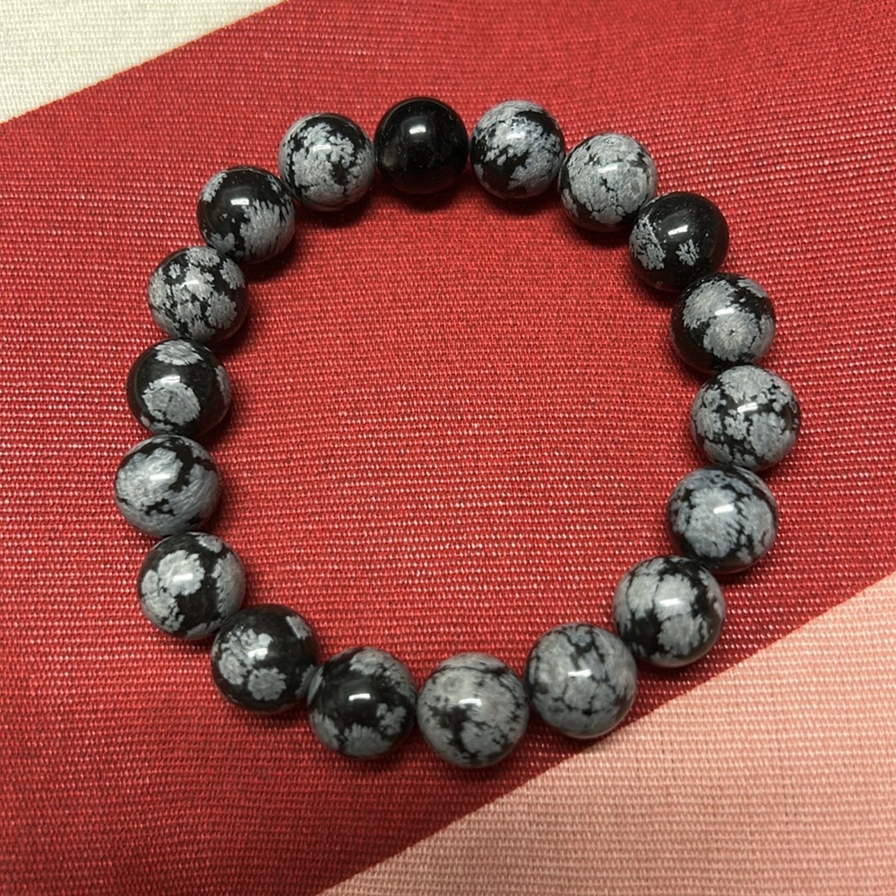 Snowflake Obsidian Natural Stone 10mm Beads Stretchable Bracelet 7" - Best Gift